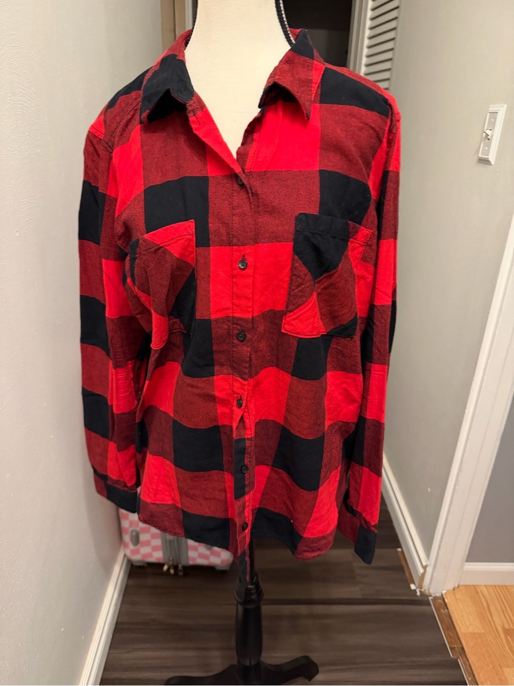 Divided Red and Black Buffalo Plaid Button-Up Shirt